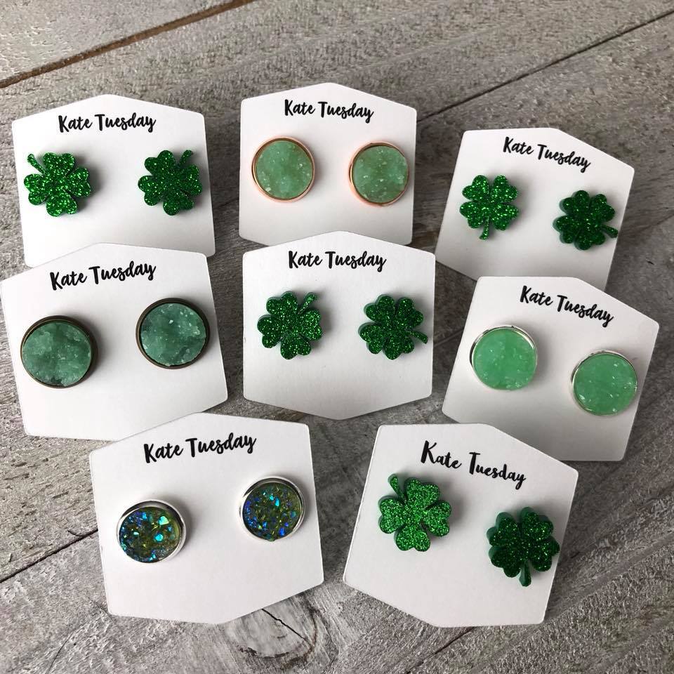 Saint Patricks Day Druzy Earring Box 4 Leaf Shamrock