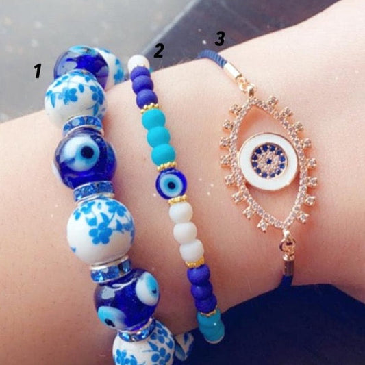 Blue Evil Eye Bracelet, Summer Evil Eye Jewelry, Glass Evil Eye Beaded