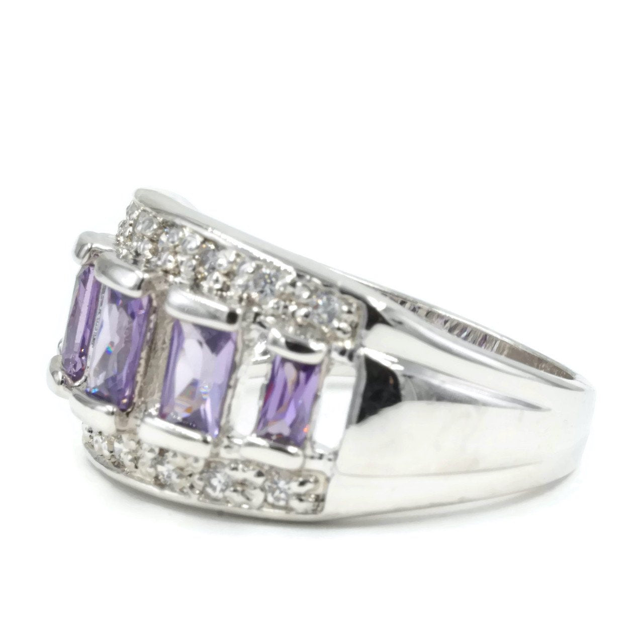 Graduated Emerald-Cut Amethyst Purple Stone Statement Band Ring