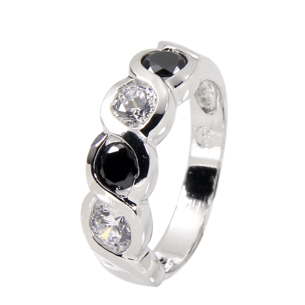 Impressive Sterling Silver Black Clear Alternating Bezel Ring