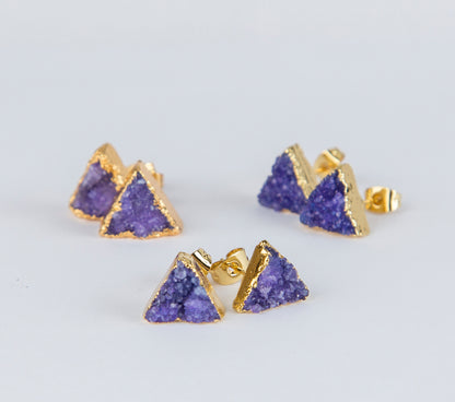 Purple triangle druzy earrings, gold plated earrings