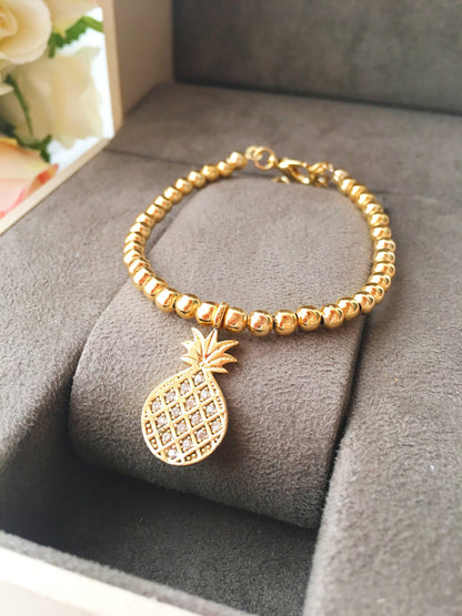 Pineapple Charm bracelet, Gold Beaded Bracelet, Summer Jewelry