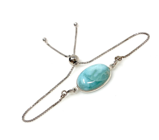 Larimar Gemstone Bracelet, Sterling Silver Adjustable Bolo Bracelet,