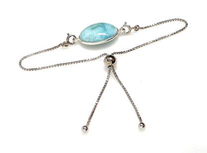 Larimar Gemstone Bracelet, Sterling Silver Adjustable Bolo Bracelet,