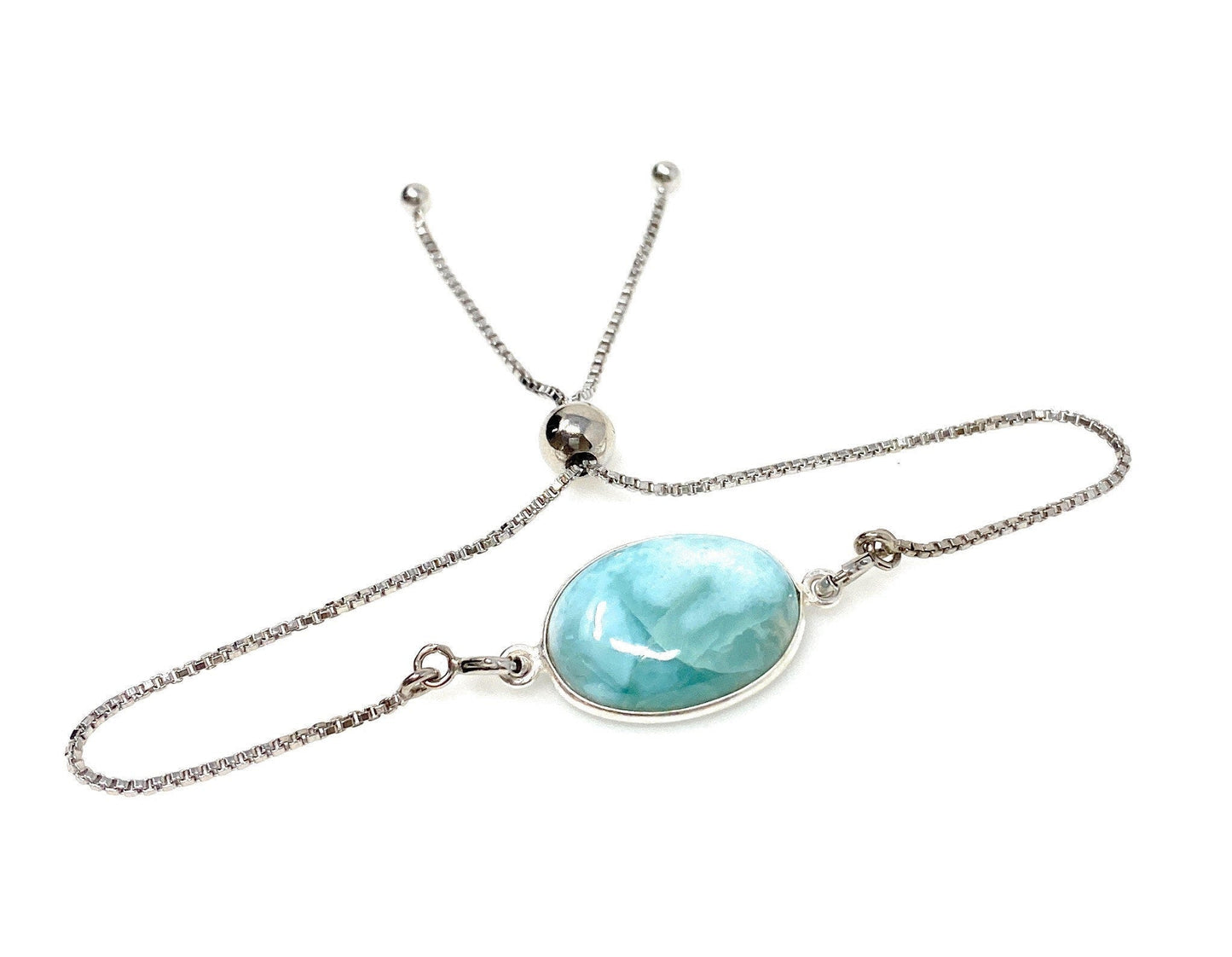 Larimar Gemstone Bracelet, Sterling Silver Adjustable Bolo Bracelet,