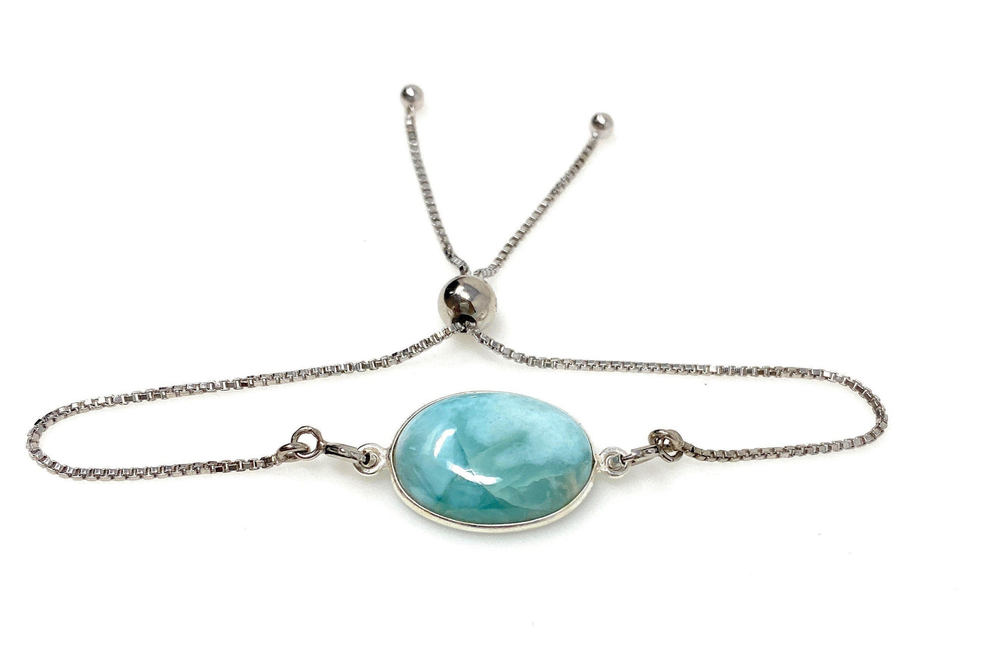 Larimar Gemstone Bracelet, Sterling Silver Adjustable Bolo Bracelet,