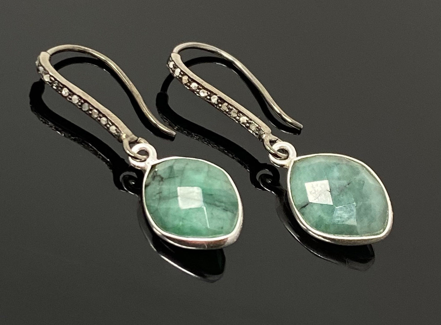 Genuine Emerald Earrings, Pave Diamond Earrings, Sterling Silver