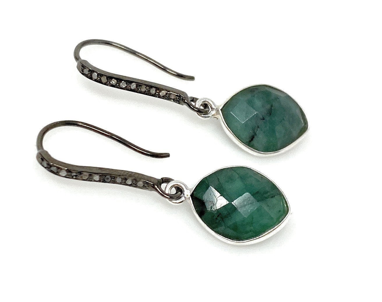 Genuine Emerald Earrings, Pave Diamond Earrings, Sterling Silver